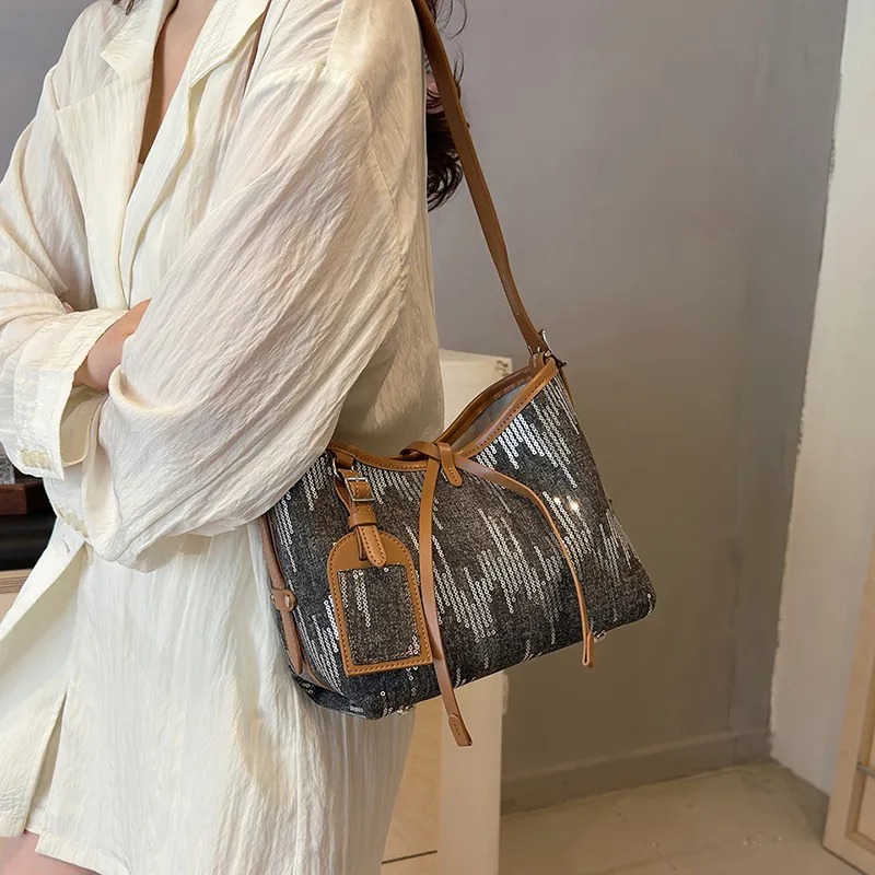 Cwatcun Canvas With Sequins Shoulder Bag Women's Light Blue/Dark Blue/Black-18
