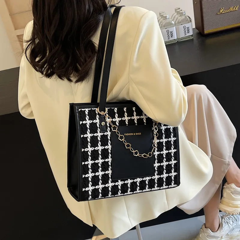 Cwatcun Fabric Patch PU Shoulder Bag Regular Women's Black/Ecru-5