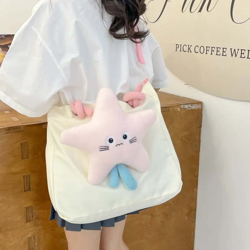Cwatcun Nylon Shoulder Bag Women's White Star Pattern/White Cloud Pattern-2