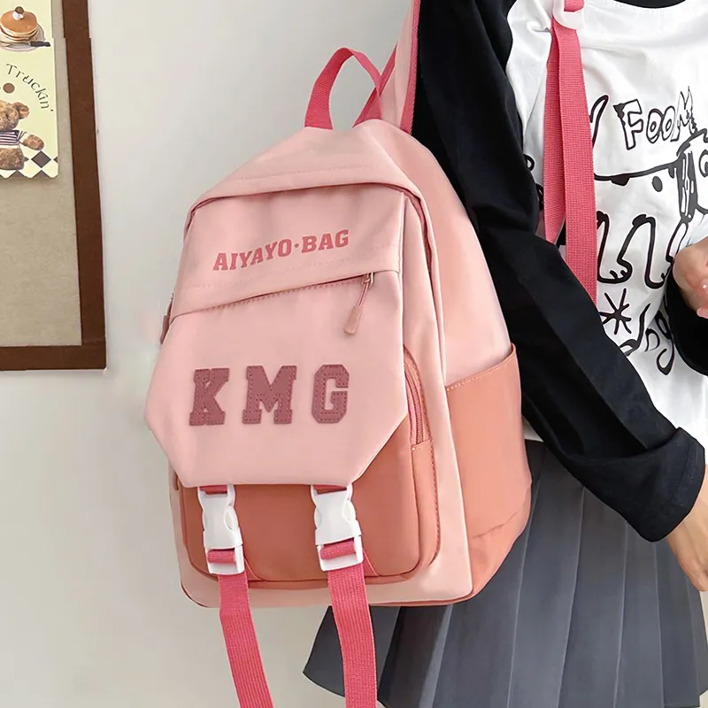 Cwatcun Nylon Fabric Backpack Unisex Beige/Blue/Green/Pink/Black-9