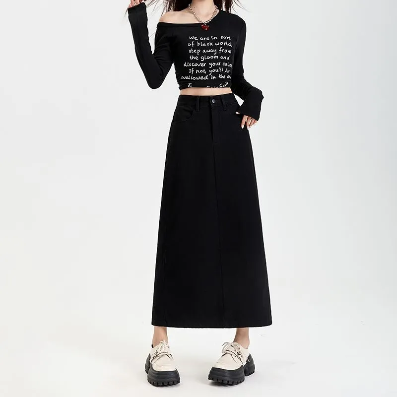 7 SEVFUN Slimming, Height Increasing, Loose Fit, Draped Commute Trendy Campus Style Denim Long Skirt Women's Black-3
