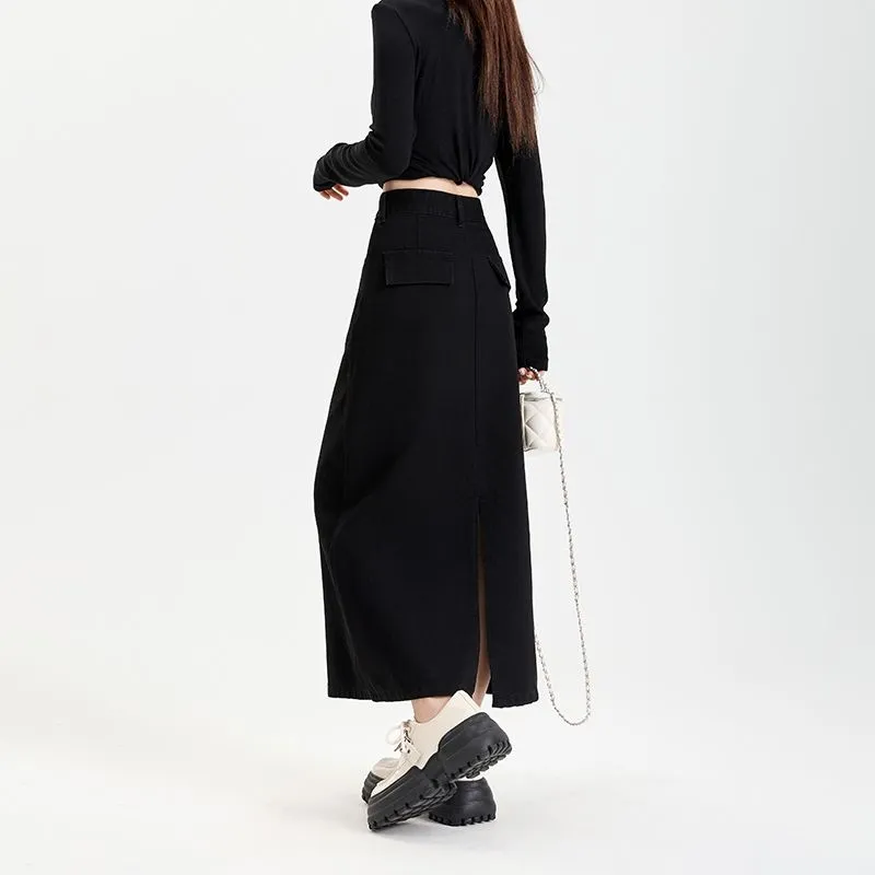 7 SEVFUN Slimming, Height Increasing, Loose Fit, Draped Commute Trendy Campus Style Denim Long Skirt Women's Black-4