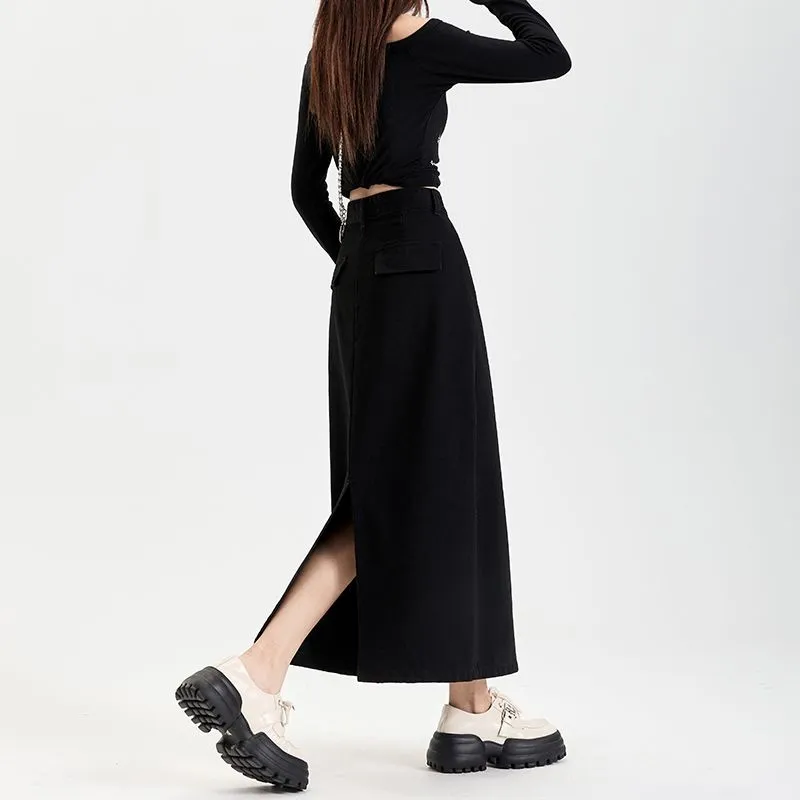7 SEVFUN Slimming, Height Increasing, Loose Fit, Draped Commute Trendy Campus Style Denim Long Skirt Women's Black-2