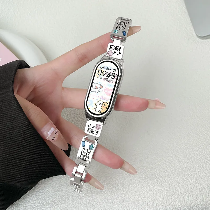 Vobafe Compatible With Xiaomi Mi Band 9/8. Cute Puppy Color Diamond Metal Strap Smart Watch Accessories-4
