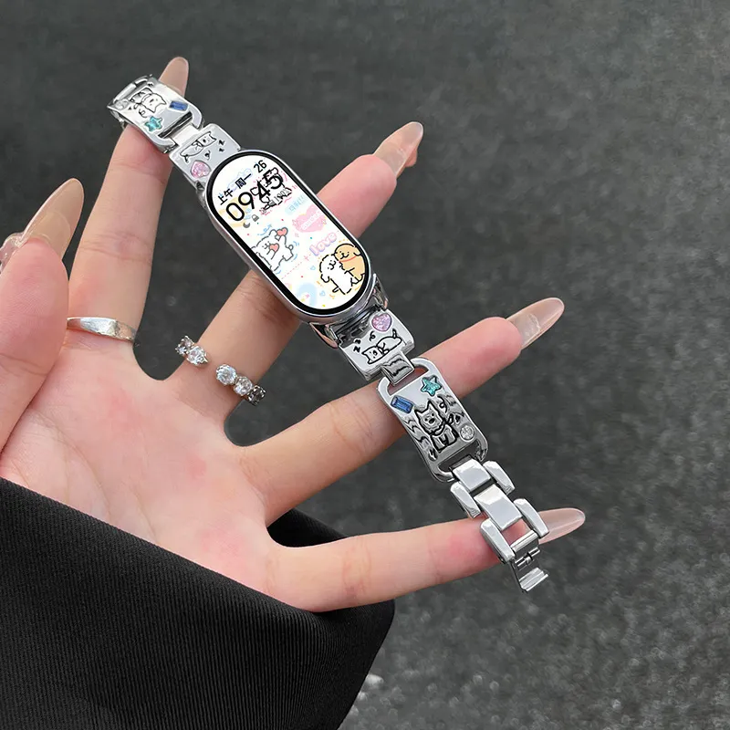 Vobafe Compatible With Xiaomi Mi Band 9/8. Cute Puppy Color Diamond Metal Strap Smart Watch Accessories-2