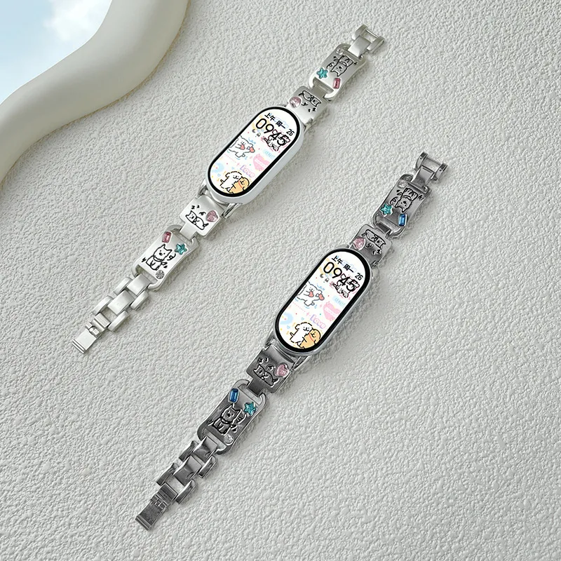 Vobafe Compatible With Xiaomi Mi Band 9/8. Cute Puppy Color Diamond Metal Strap Smart Watch Accessories-3