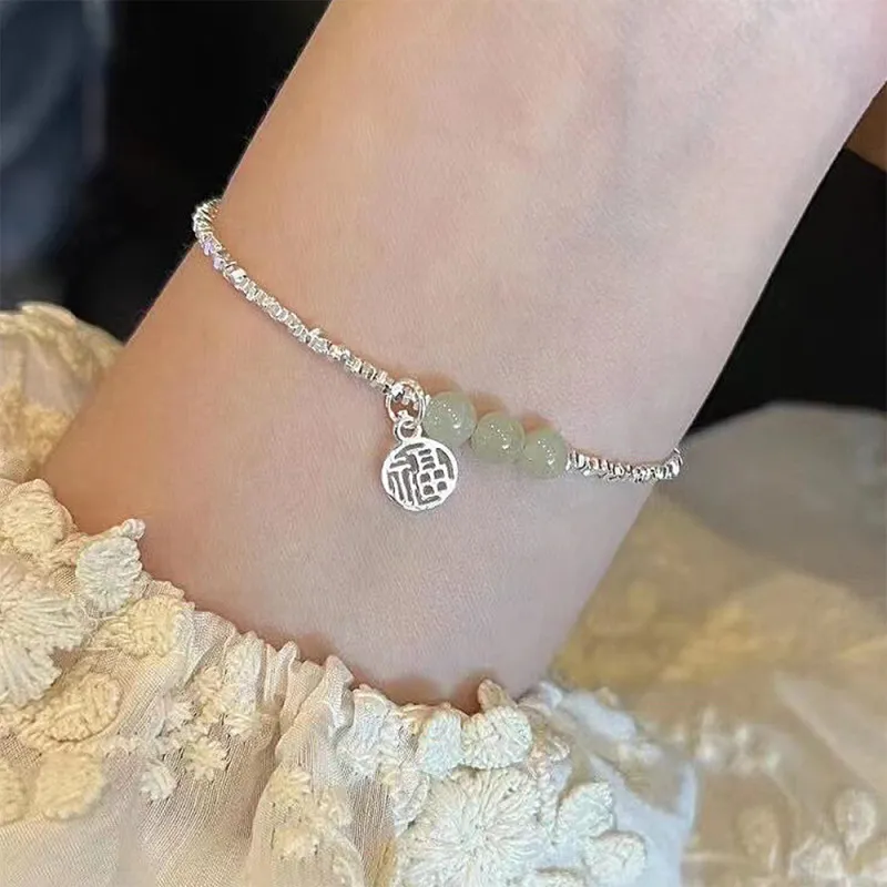 Bermuda Eyes Hetian Jade S925 Silver Bracelets Women's Pale Greenish White Jade-1