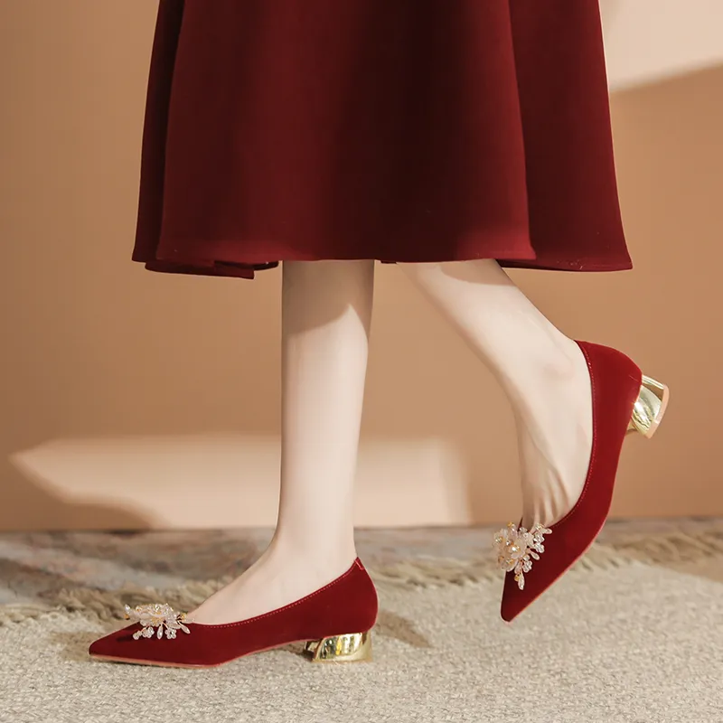 QITUMAUL Chunky Heel High Heels Women's Red-5