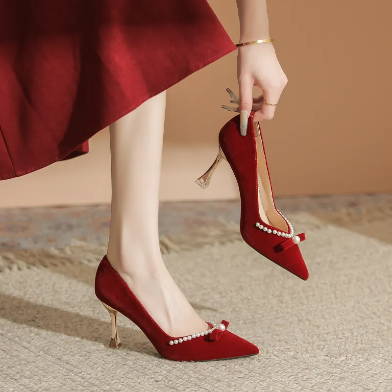 QITUMAUL Slim Heel High Heels Women's Red-3