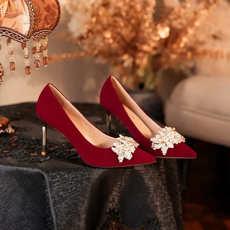 QITUMAUL Slim Heel High Heels Women's Red-5