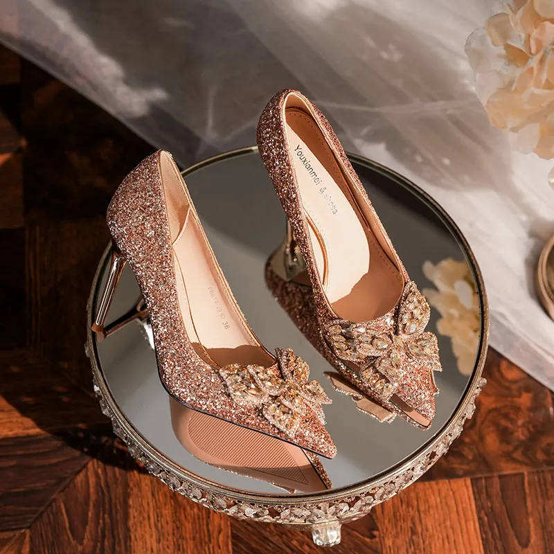 QITUMAUL Slim Heel High Heels Women's Champagne-1