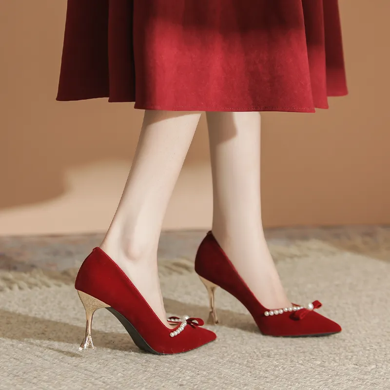 QITUMAUL Slim Heel High Heels Women's Red-4