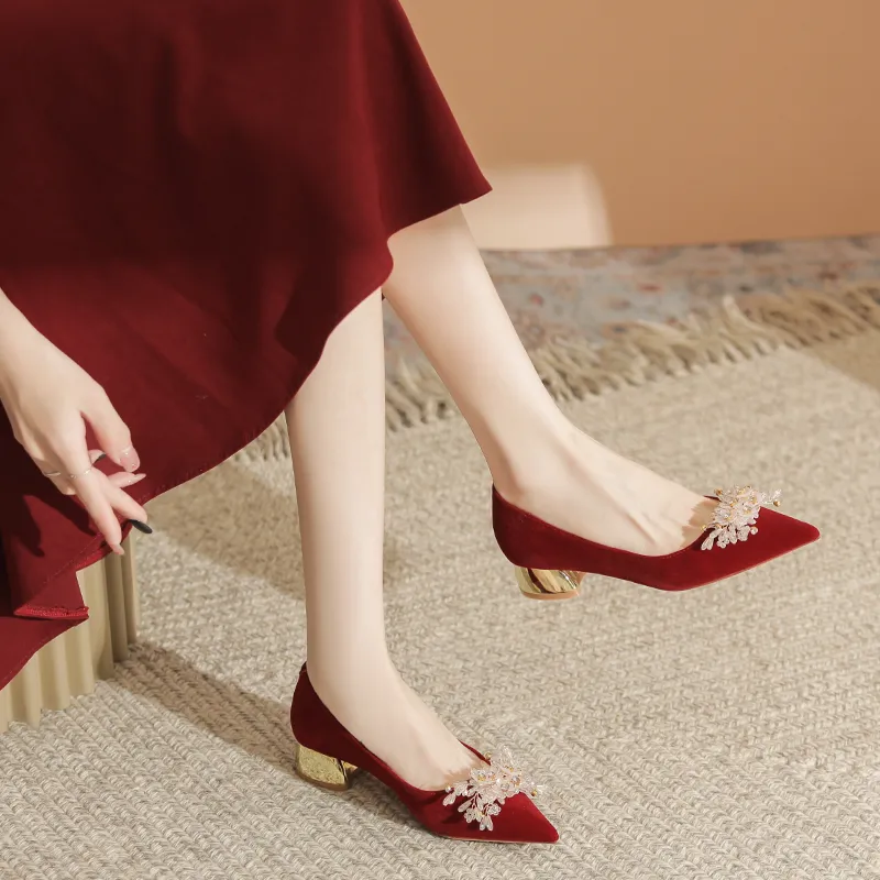 QITUMAUL Chunky Heel High Heels Women's Red-2