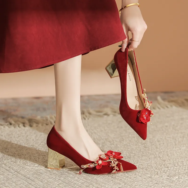 QITUMAUL Chunky Heel High Heels 6.5CM Women's Red-2