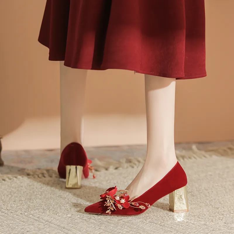 QITUMAUL Chunky Heel High Heels 6.5CM Women's Red-4