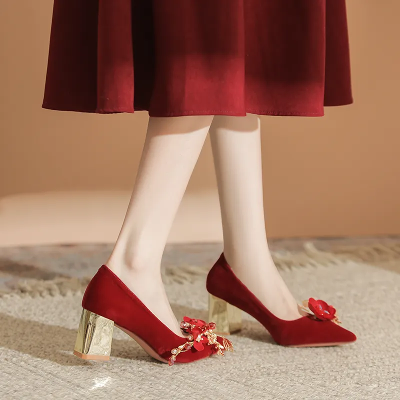 QITUMAUL Chunky Heel High Heels 6.5CM Women's Red-3