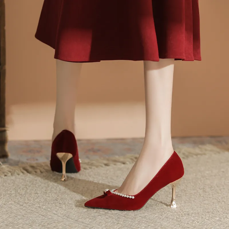 QITUMAUL Slim Heel High Heels Women's Red-5