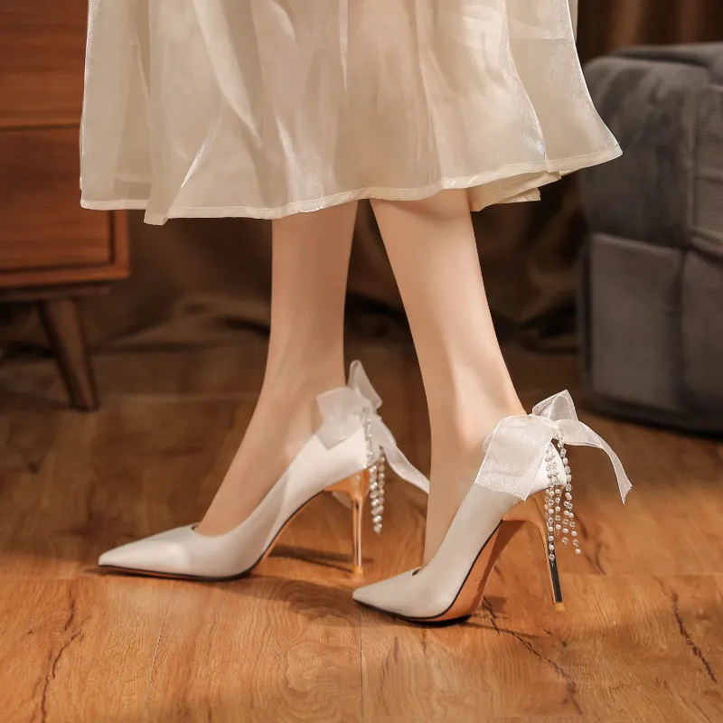 QITUMAUL Slim Heel High Heels 6.5 9.5cm Women's White-5