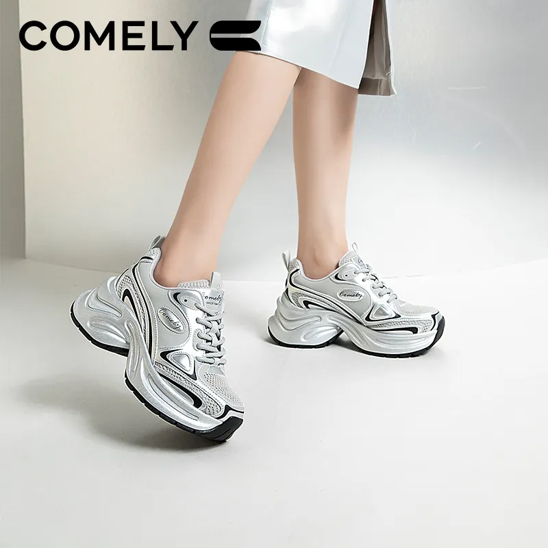 COMELY Chunky Sneakers Women's Low Top Beige/Silver-16