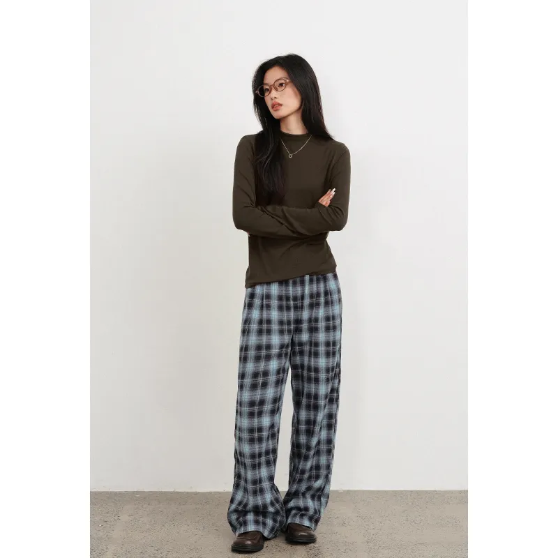Migu Casual Pants Women's Blue Coffee Plaid-5