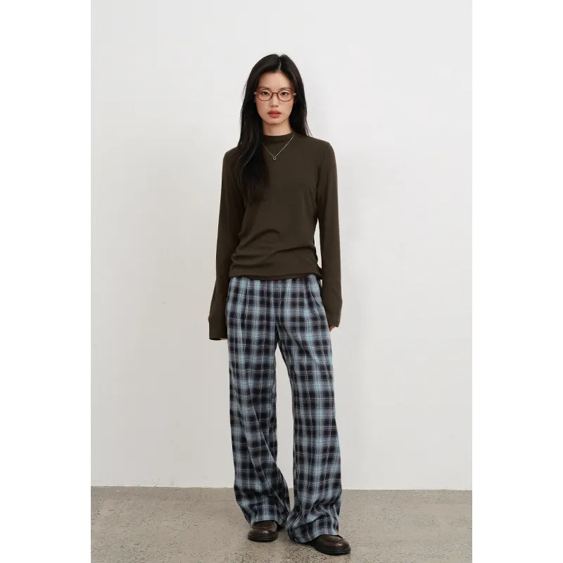 Migu Casual Pants Women's Blue Coffee Plaid-3