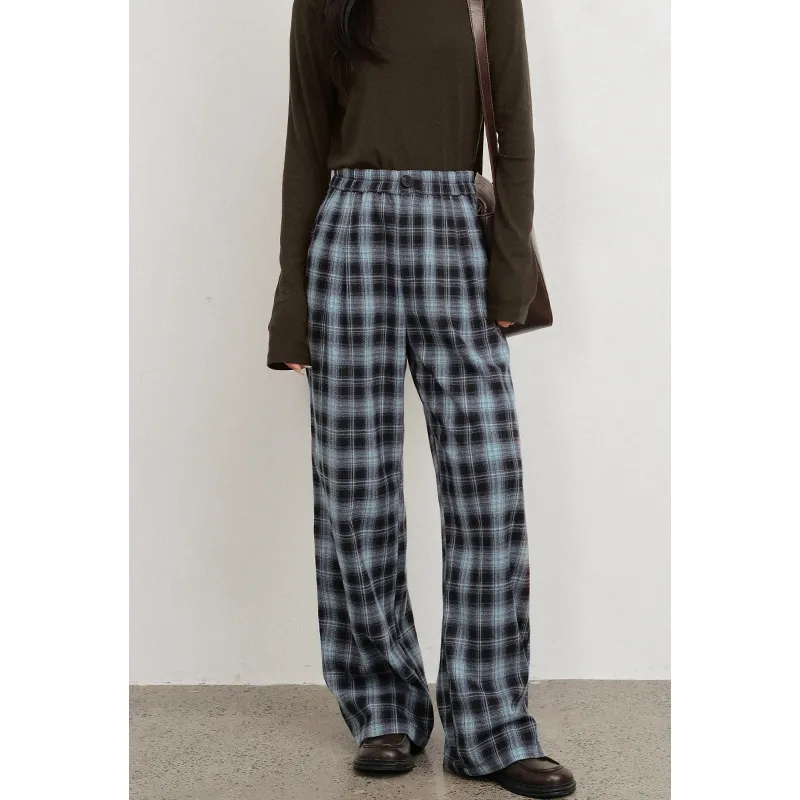 Migu Casual Pants Women's Blue Coffee Plaid-2