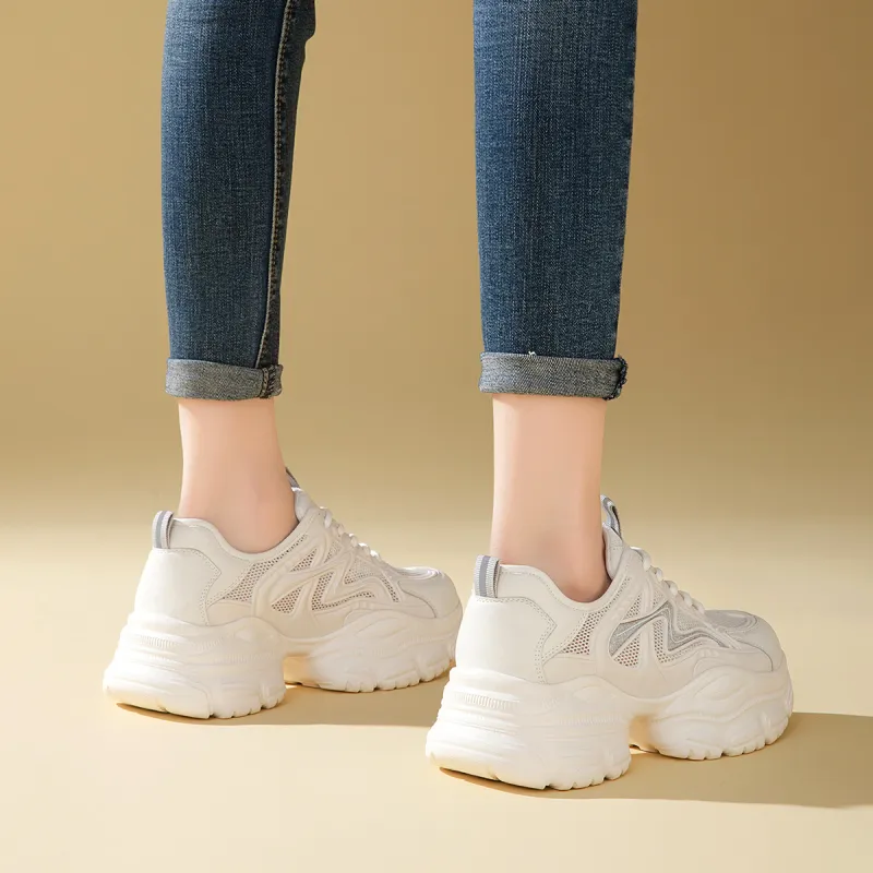 RED DRAGONFLY Low Top Chunky Sneakers Women's Beige Silver-5