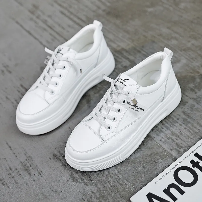RED DRAGONFLY Low Top Women's Trendy Fashion Casual White Sneakers Women's White Round Tip Platform-4
