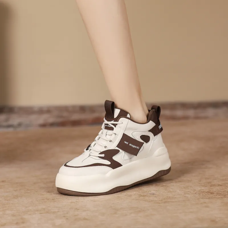 RED DRAGONFLY Platform Shoes Warm Height Increasing Mid-Top Casual Shoes Women's White Black White Brown-14