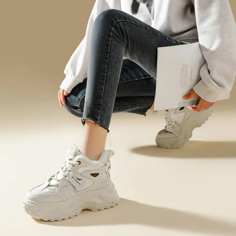 RED DRAGONFLY Platform Shoes Warm Height Increasing High-Top Casual Shoes Women's Ecru Black-2