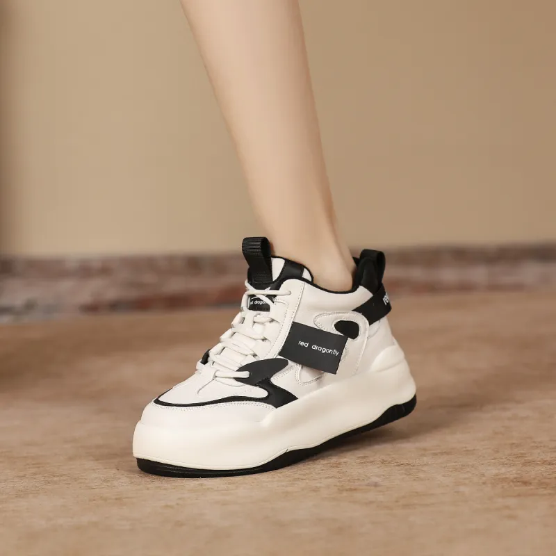RED DRAGONFLY Platform Shoes Warm Height Increasing Mid-Top Casual Shoes Women's White Black White Brown-6
