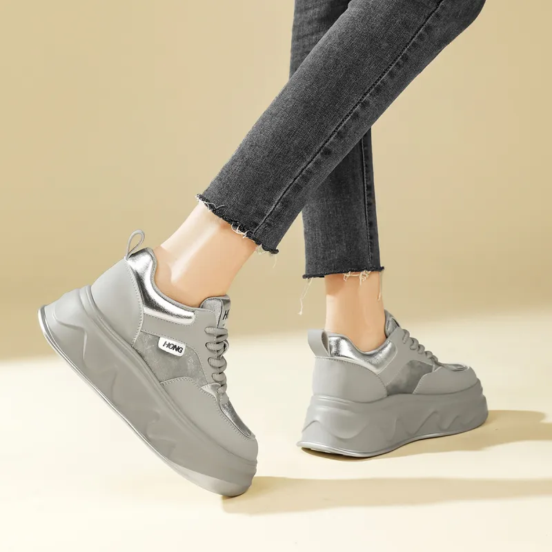 RED DRAGONFLY Skateboard Shoes Height Increasing Lightweight Low Top Casual Shoes Women's Beige Silver-11