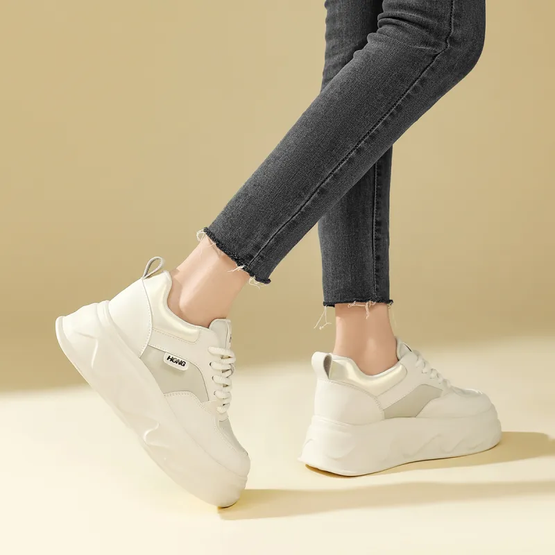 RED DRAGONFLY Skateboard Shoes Height Increasing Lightweight Low Top Casual Shoes Women's Beige Silver-6