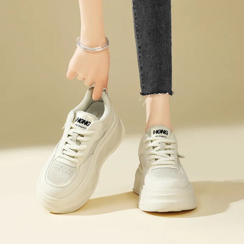 RED DRAGONFLY Skateboard Shoes Height Increasing Lightweight Low Top Casual Shoes Women's Beige Silver-5