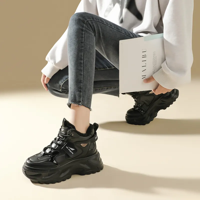 RED DRAGONFLY Platform Shoes Warm Height Increasing High-Top Casual Shoes Women's Ecru Black-7