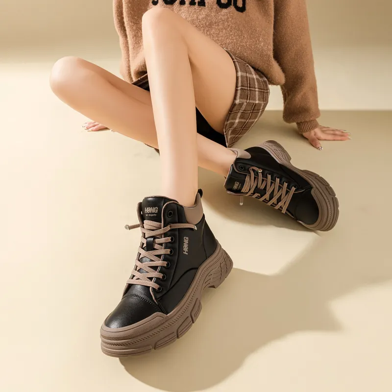 RED DRAGONFLY Flat Shoes Lightweight Warm High Top Casual Shoes Women's Black Coffee Light Coffee-4