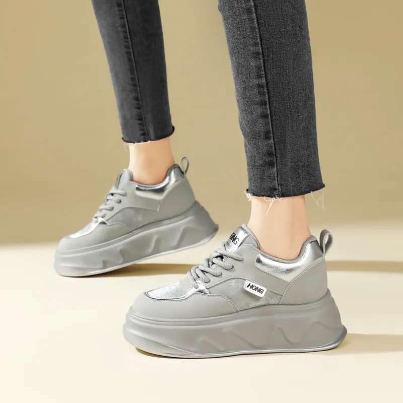 RED DRAGONFLY Skateboard Shoes Height Increasing Lightweight Low Top Casual Shoes Women's Beige Silver-12