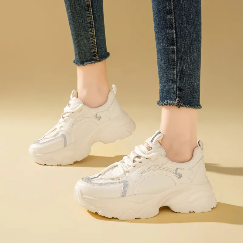 RED DRAGONFLY Chunky Sneakers Height Increasing Lightweight Mid Top Casual Shoes Women's Beige Black-9