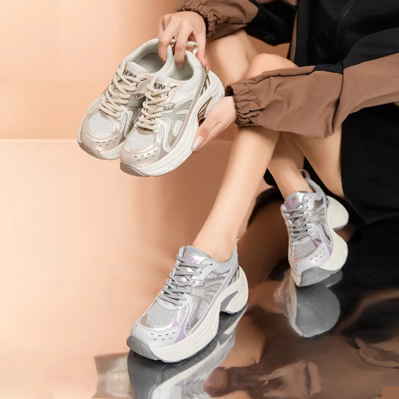 RED DRAGONFLY Chunky Sneakers Lightweight Height Increasing Low Top Casual Shoes Women's White Gold Gray Purple-13