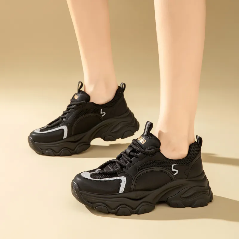 RED DRAGONFLY Chunky Sneakers Height Increasing Lightweight Mid Top Casual Shoes Women's Beige Black-2