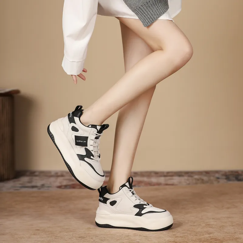 RED DRAGONFLY Platform Shoes Warm Height Increasing Mid-Top Casual Shoes Women's White Black White Brown-5
