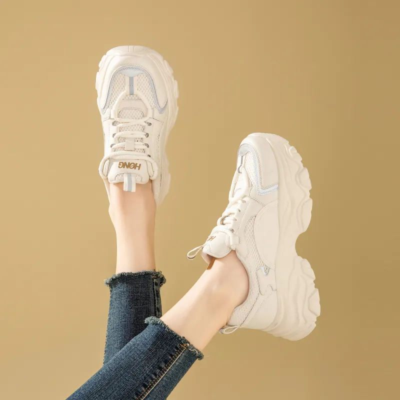 RED DRAGONFLY Chunky Sneakers Height Increasing Lightweight Mid Top Casual Shoes Women's Beige Black-11