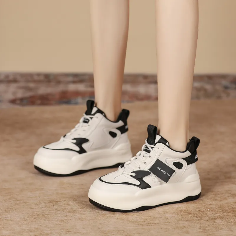RED DRAGONFLY Platform Shoes Warm Height Increasing Mid-Top Casual Shoes Women's White Black White Brown-4
