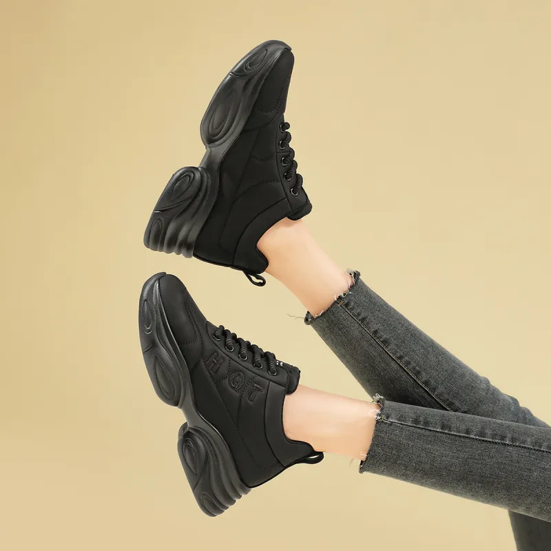 RED DRAGONFLY Puffy Shoes Height Increasing Lightweight High Top Casual Shoes Women's Black Beige-6