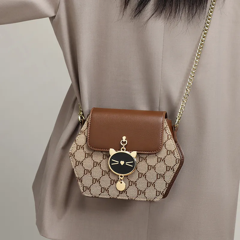 VINEY Fabric With Synthetic Leather Shoulder Bag Crossbody Bag Small Size Women's Coffee-3