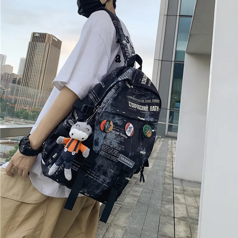 VINEY Fabric Backpack Large Size Unisex Black With Blue/blue-1