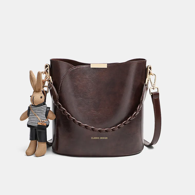 VINEY Cow Leather Shoulder Bag Crossbody Bag Bucket Bag Handbag Regular Women's Coffee/Black-2