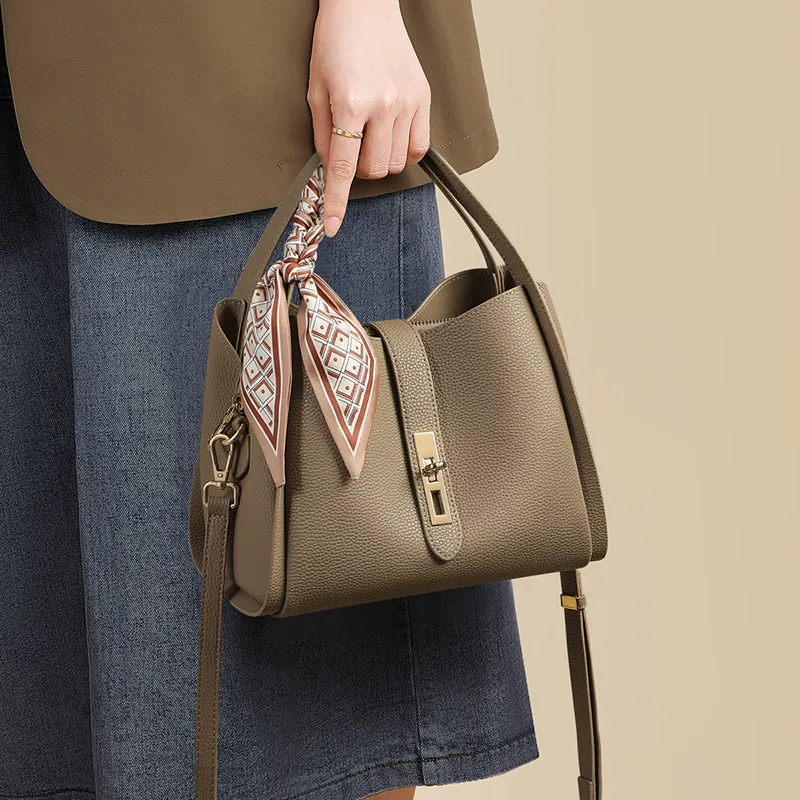 VINEY Cow Leather Handbag, One Shoulder Crossbody Tote Regular Women's Elephant Gray-1