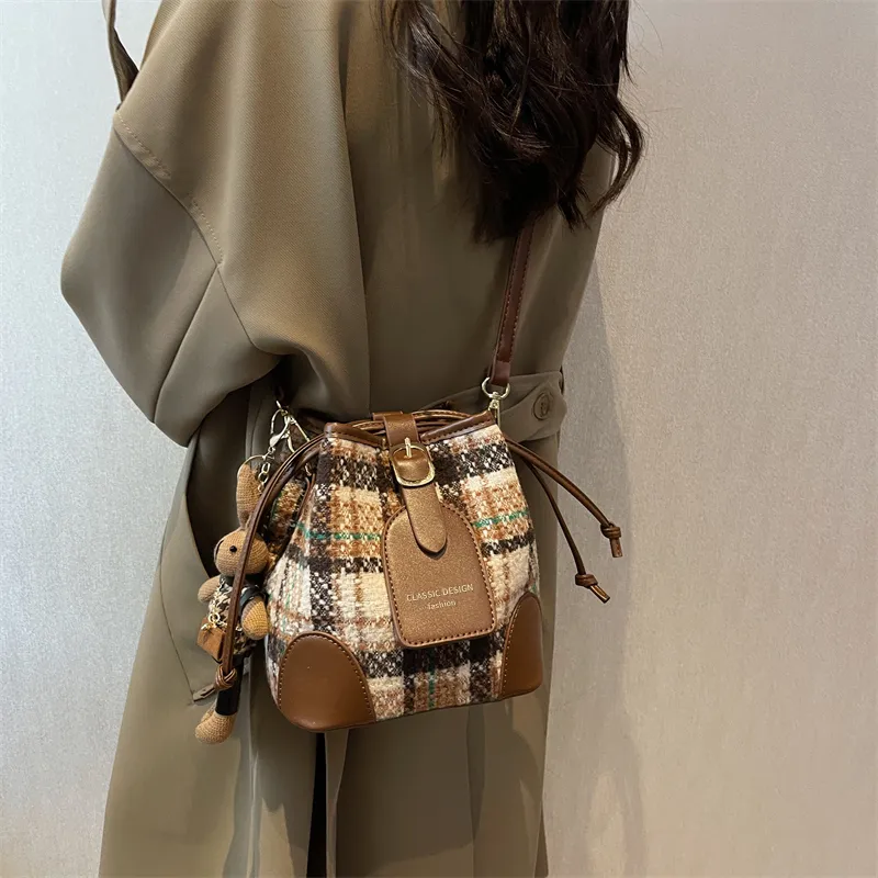 VINEY Fabric Shoulder Bag Crossbody Bag Bucket Bag Small Size Women's Coffee-1