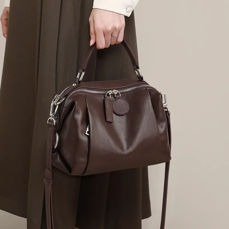 VINEY Cow Leather Handbags Shoulder Bag Crossbody Bag Medium Size Women's Ebony Brown-1